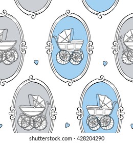 Seamless pattern with images of a vintage Buggy in a frame. Vector illustration.