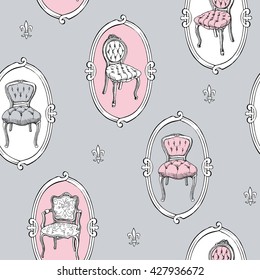 Seamless pattern with images of a vintage chairs in a frame on gray background. Vector illustration.