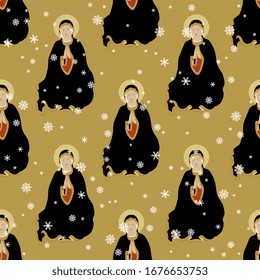 Seamless pattern with images of Virgin Mary and snowflakes. Christmas decor. Christian religious symbol. Female saint icon.