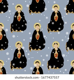 Patrón sin inconvenientes con imágenes de la Virgen María y copos de nieve. Decoración navideña. Símbolo religioso cristiano. Icono de santa femenina.