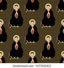 Seamless pattern with images of Virgin Mary. Christian religious symbol. Female saint icon.
