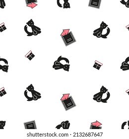Seamless pattern imaging smiling black cat, kitten, kitty, pet with presents, gifts, surprise boxes, appropriated as print, greeting card, cover, wallpaper, background. 