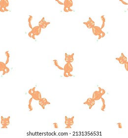 Seamless pattern imaging smiling fox with shut eyes located on transparent background on spring day.  Simple pattern representing little fox with a green flower.