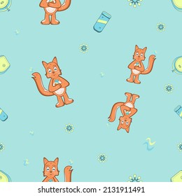 Seamless pattern imaging smiling fox holding blue and yellow colored thermos, the same colored backpack and flower, located on blue background.
