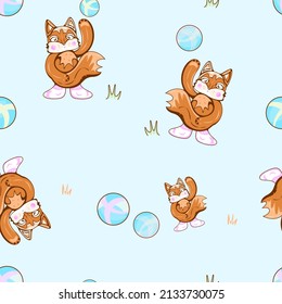Seamless pattern imaging smiling fox playing a ball, spring or summer pattern, background, wallpaper with playing football fox, sportsman fox.