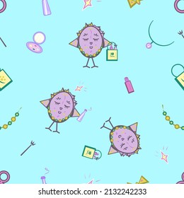 Seamless pattern imaging a smiling owl holding a shop bag with makeup things, makeup brush, lipstick, mirror, shop bag, perfume bottle, necklace or jewelry, beads, star, butterfly and numeral 8.