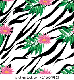Seamless pattern imitating the color of a zebra with tropical flowers