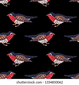 Seamless pattern. Imitation of embroidery. Embroidered birds. Satin stitch. Bird embroidered with stitches. Isolated on black background. Hand drawn.