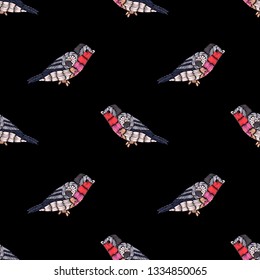 Seamless pattern. Imitation of embroidery. Embroidered birds. Satin stitch. Bird embroidered with stitches. Isolated on black background. Hand drawn. Vector illustration.