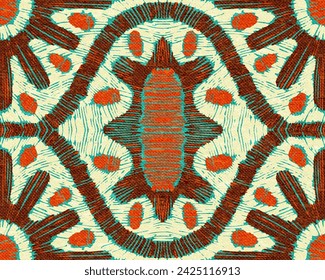 Seamless pattern with imitation of embroidery. Ethnic and tribal motifs, African textiles. Grunge vintage texture. Vector illustration.
