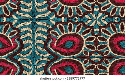 Seamless pattern with imitation of embroidery. Ornament for home decor, blankets, pillows, carpets. Grunge texture. Bohemian ornament. Vector illustration.