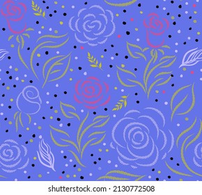 Seamless pattern with imitation of embroidery of roses on a purple background. Botanical summer motif for teskil and surface design