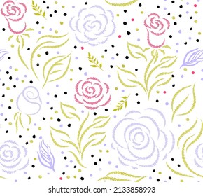 Seamless pattern with imitation of embroidery of roses on a white background. Botanical summer motif for teskil and surface design