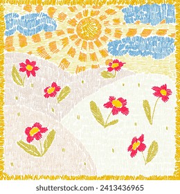 Seamless pattern. Imitation of embroidery. Vintage print for carpet. The sun, flowers, fields, meadows - a beautiful landscape. Vector illustration.