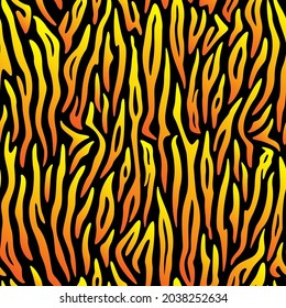 Seamless pattern. Imitation of skin of tiger. Neon orange and yellow stripes on black background. Colorful animal print. Print of fire, flame.