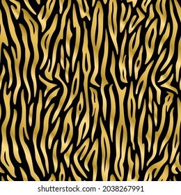 Seamless pattern. Imitation of skin of tiger. Golden stripes on black background. Animal print. Striped gold pattern.