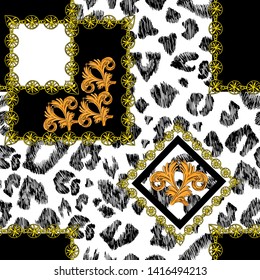 Seamless pattern of imitation of spotted leopard skins and art nouveau patterns