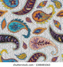 Seamless pattern. Imitation of a texture of rough canvas with paisley. Vector image.