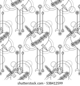 Seamless pattern of Immaculate Heart of Blessed Virgin Mary on white background. Black and white coloring page.