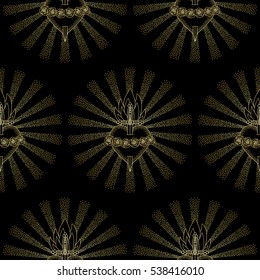 Seamless pattern of Immaculate Heart of Blessed Virgin Mary in rays of sun on black background. Black and gold wallpaper.