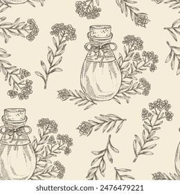 Seamless pattern with immortelle: helichrysum arenarium plant, leaves, immortelle flowers and bottle of immortelle essential oil. Helichrysum arenarium. Cosmetic, perfumery and medical plant