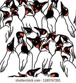 Seamless pattern with imperial penguins. Penguins in different poses. Drawing by hand, sketch. Pattern with animals.