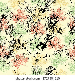 Seamless pattern with imprint forest leafs. Digital hand drawn picture with watercolour texture. Hand drawn boho spring seamless pattern.