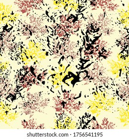 Seamless pattern with imprint forest leafs. Abstract watercolor and digital image. Endless motif for textile decor and design.