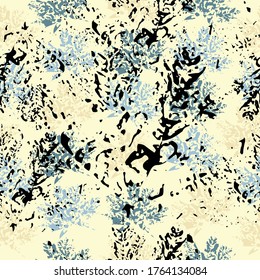 Seamless pattern with imprint forest leafs. Mixed media artwork for textiles, fabrics, souvenirs, packaging and greeting cards. Beautiful seamless texture background imprint.