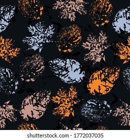 Seamless pattern with imprint forest leafs.  Isolated objects on a white background. Textiles, wrapping paper, wallpaper design.