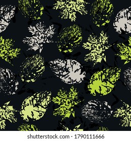 Seamless pattern with imprint forest leafs. Stamp.  seamless pattern, colorful background.