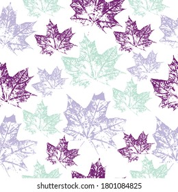 Seamless pattern with imprint forest leafs. Maple leaves, hand lettering in a seamless festive vector pattern. maple.