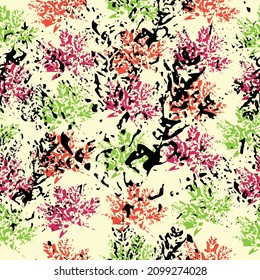 Seamless pattern with imprint forest leafs. Abstract watercolor and digital image. Hand drawn boho spring seamless pattern.