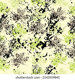 Seamless pattern with imprint forest leafs. Abstract watercolor and digital image. Mixed media artwork.