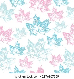 Seamless pattern with imprint forest leafs. Background colorful with stamp imprint green leaves, for postcard, board, banner, greeting card, invitation,holiday, wallpaper, cloth, autumn maple.
