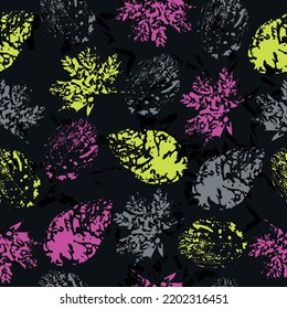 Seamless pattern with imprint forest leafs. Stamp.  Textiles, wrapping paper, wallpaper design.