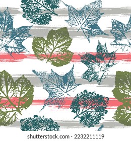 Seamless pattern with imprint forest leafs. Digital hand drawn picture with watercolour texture. Endless motif for textile decor and design.
