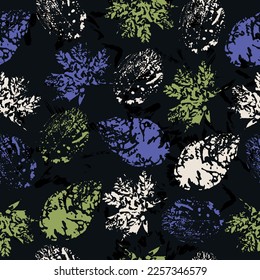 Seamless pattern with imprint forest leafs. Stamp.  Textiles, wrapping paper, wallpaper design.
