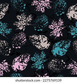 Seamless pattern with imprint forest leafs. Stamp.  mixed media artwork. endless motif for textile decor and design