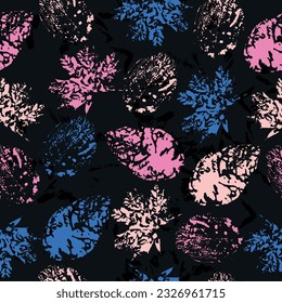 Seamless pattern with imprint forest leafs.  Isolated objects on a white background. mixed media artwork. endless motif for textile decor and design