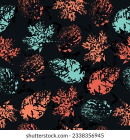 Seamless pattern with imprint forest leafs. digital hand drawn picture with watercolour texture. mixed media artwork. endless motif for textile decor and design