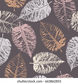 Seamless pattern with imprint forest leafs.