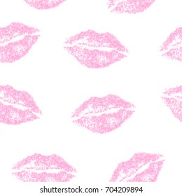 Seamless pattern imprint of pink lips on white background. Print for textiles, wrappers, print.  Blog background. Vector illustration for valentines day