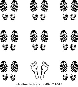 Seamless pattern Imprint of the sole from the shoe. Background of the sole of men's shoes. Hand drawn  print shoes and bare feet. Doodle formation of soldiers.