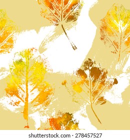 Seamless pattern with imprints of the leaves. Bright watercolor repetition texture. Summer or autumn design.