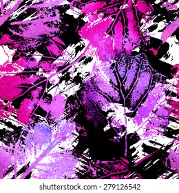Seamless pattern with imprints of the leaves. Bright watercolor repetition texture. Summer or autumn design.