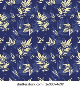Seamless pattern with imprints of the leaves of trees. Endless texture for the design of nature, fabric, decorative background. Vector stock illustration.