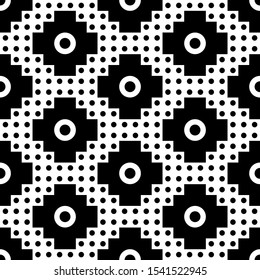 Seamless pattern. Inca crosses, circles ornament. Ethnic embroidery wallpaper. Tribal image. Ethnical folk background. Tribe motif. Ancient mosaic. Digital paper for web design, textile print. Vector.