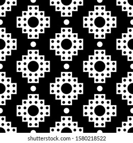 Seamless pattern. Inca crosses, circles ornament. Ethnic embroidery wallpaper. Tribal background. Ethnical folk image. Tribe motif. Ancient mosaic. Digital paper for web design, textile print. Vector.