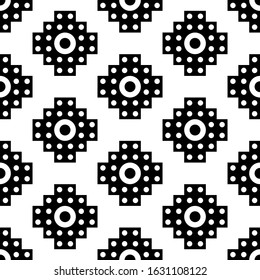 Seamless pattern. Inca crosses, circles ornament. Ethnic embroidery wallpaper. Tribal image. Ethnical folk motif. Tribe background. Ancient mosaic. Digital paper, web design, textile print. Vector.